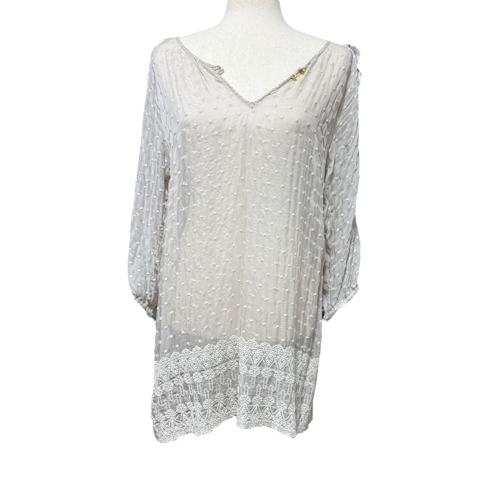 Johnny Was 4 Love & Liberty Gray‎ Sheer Silk Tunic Size S Swiss Dot Lace Boho